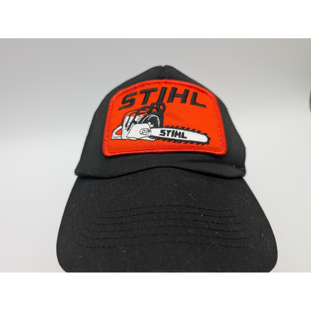 STIHL Outfitters Apparel Mens Black Orange Chainsaw Patch Trucker Snapback Hat
